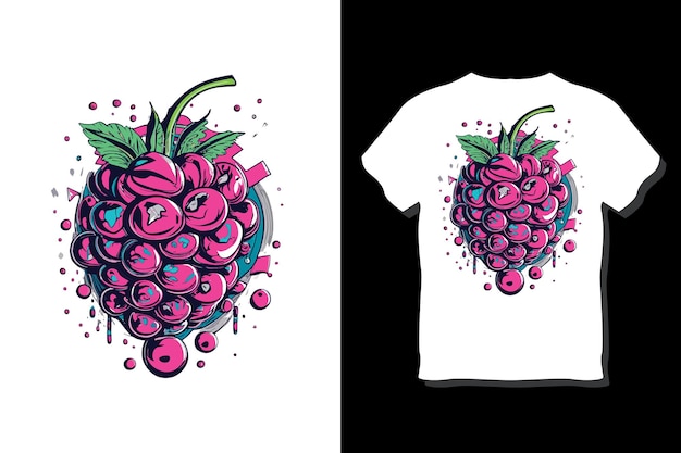 Tshirt print design with Raspberry and fruits Vector illustration