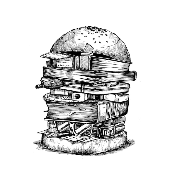 Tshirt print onderwijs fastfood concept vertegenwoordigd door hamburger met boeken