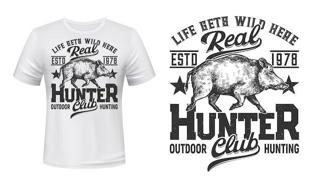 Tshirt print with boar mascot for hunting club