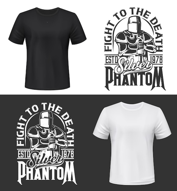 기사와 칼로 Tshirt 인쇄, 헬멧과 갑옷을 입고 싸우는 클럽 마스코트 중세 전사. 단색 의류 디자인 실버 팬텀 타이포그래피, 절연 티셔츠 인쇄 또는 라벨