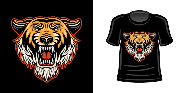 Tshirt print with orange colored tiger head vector apparel design template illustration