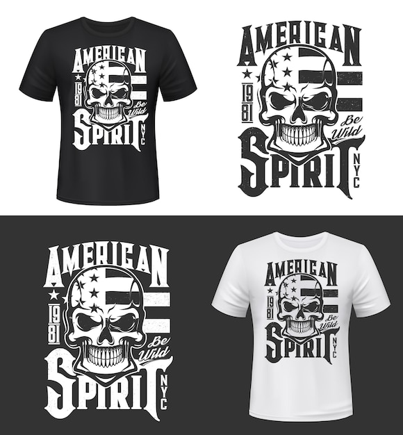 Tshirt print with skull and USA flag, apparel design mockup. T shirt template with typography American Spirit. Monochrome print, isolated mascot emblem or label on black and white background