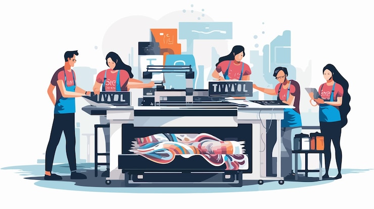 Vector tshirt printing process concept press workers at work