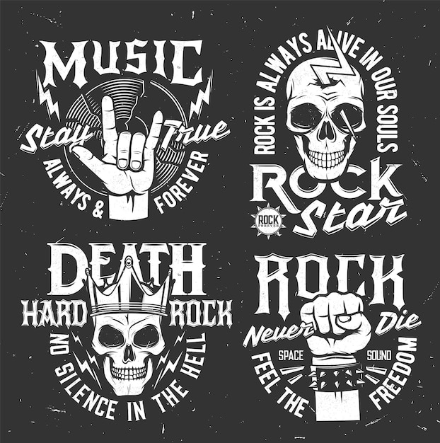 Tshirt prints with skulls and gesturing hand set