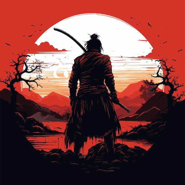 Vettore t-shirt logo samurai design vettoriale linea arte logo