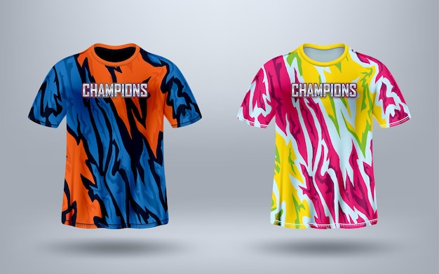 Tshirt sport design template and mockup with abstract vivid pattern for football and soccer