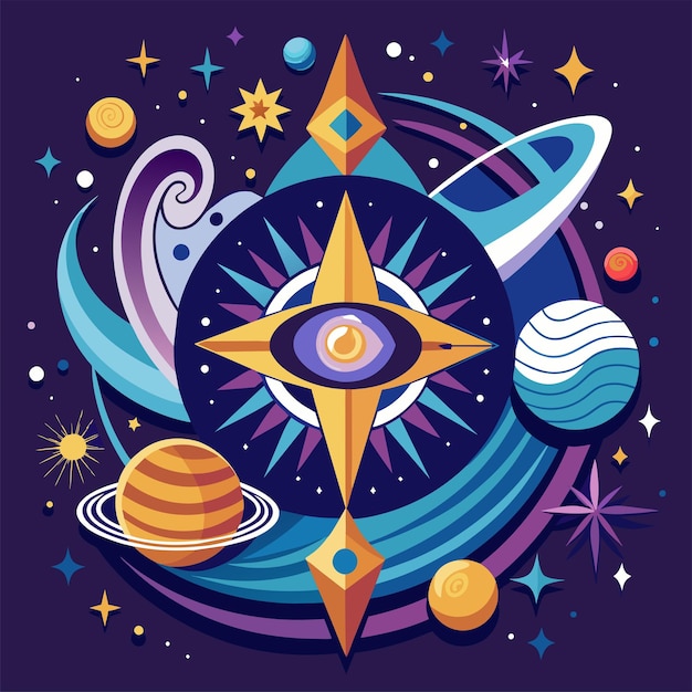 Vector tshirt sticker design of a inspired by celestial elements like stars and galaxies for a cosmic