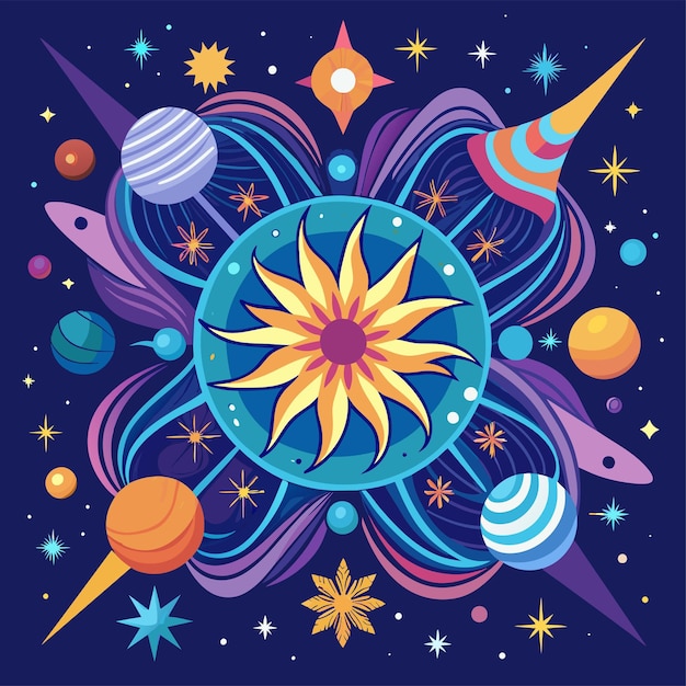 Дизайн наклейки на футболке, вдохновленный небесными элементами, такими как звезды и галактики, для космического