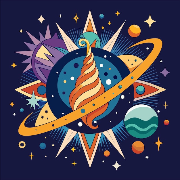 티셔츠 스티커 디자인은 별과 은하와 같은 천상의 요소에서 영감을 얻은 우주