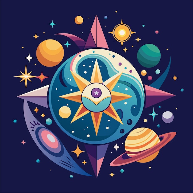 Tshirt sticker design of a inspired by celestial elements like stars and galaxies for a cosmic