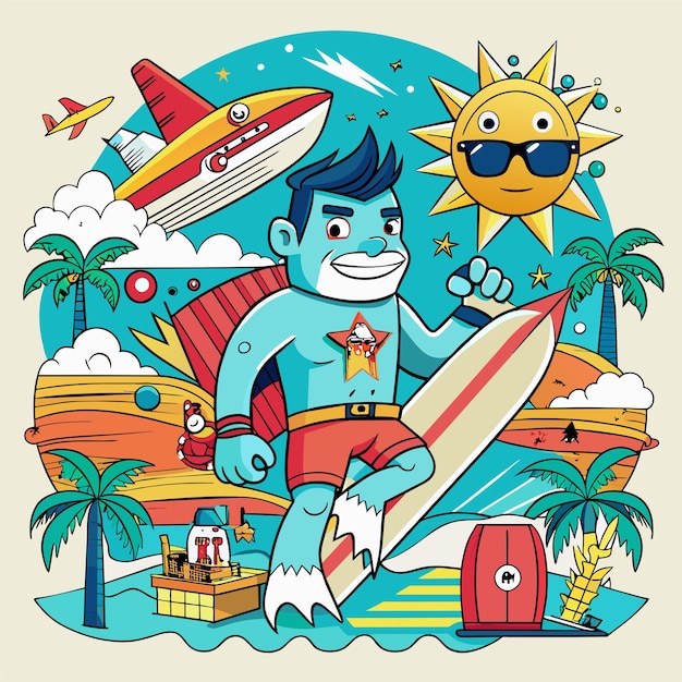 Tshirt sticker of a humorous illustration merging pop culture references with surfing motifs