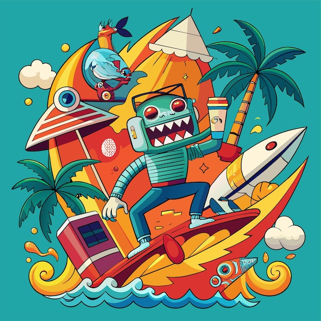 Tshirt sticker of a humorous illustration merging pop culture references with surfing motifs