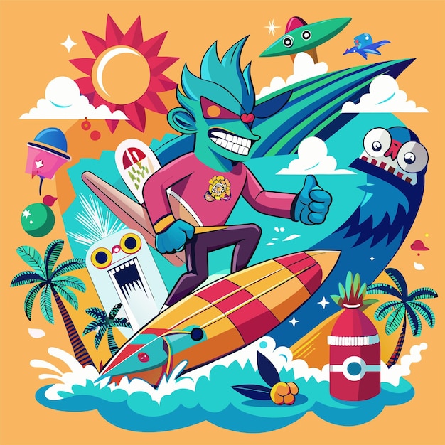 Tshirt sticker of a humorous illustration merging pop culture references with surfing motifs