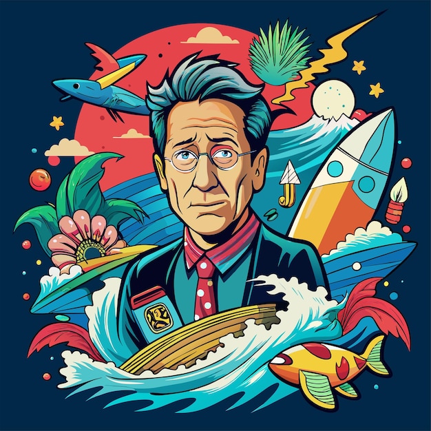Tshirt sticker of a humorous illustration merging pop culture references with surfing motifs