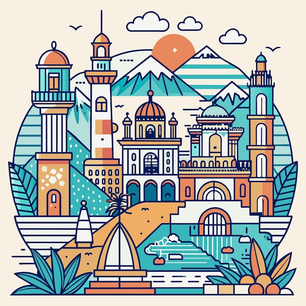 Vector tshirt sticker of a incorporate intricate line art depicting iconic landmarks of coastal destination