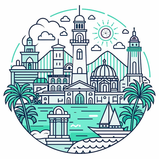 Vector tshirt sticker of a incorporate intricate line art depicting iconic landmarks of coastal destination