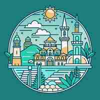 Vector tshirt sticker of a incorporate intricate line art depicting iconic landmarks of coastal destination