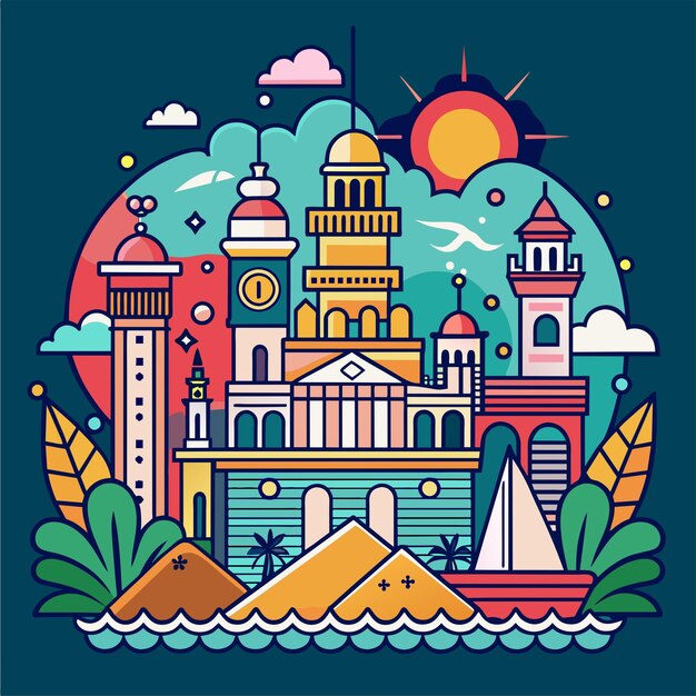 Vector tshirt sticker of a incorporate intricate line art depicting iconic landmarks of coastal destination