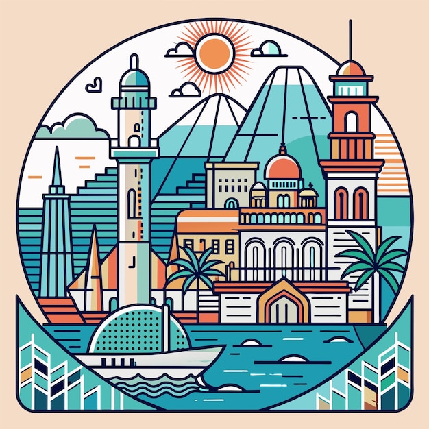 Vector tshirt sticker of a incorporate intricate line art depicting iconic landmarks of coastal destination