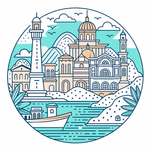 Vector tshirt sticker of a incorporate intricate line art depicting iconic landmarks of coastal destination