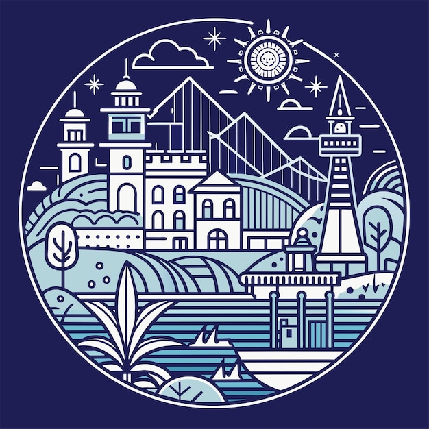 Tshirt sticker of a Incorporate intricate line art depicting iconic landmarks of coastal destination