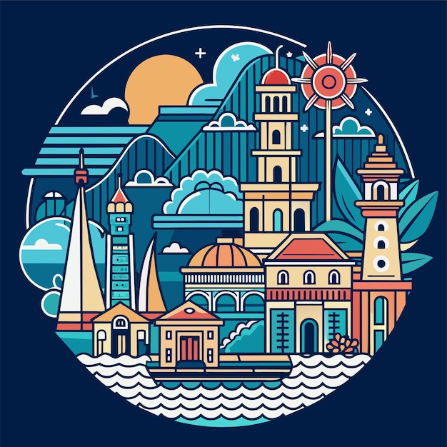 Tshirt sticker of a Incorporate intricate line art depicting iconic landmarks of coastal destination