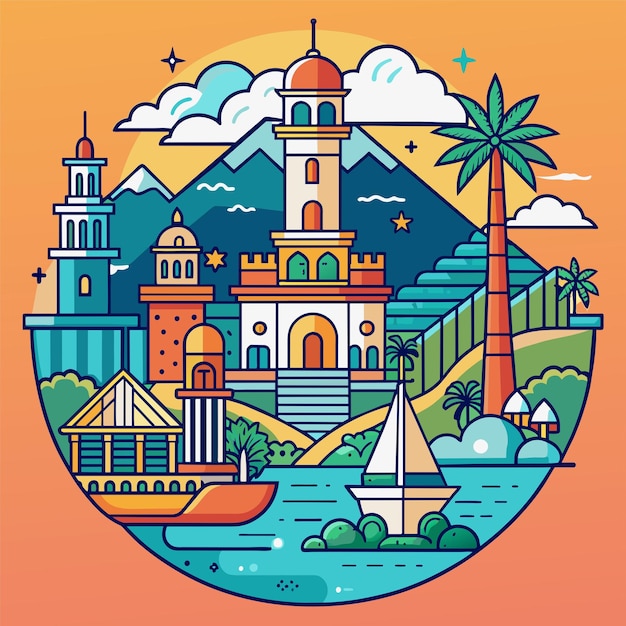 Vector tshirt sticker of a incorporate intricate line art depicting iconic landmarks of coastal destination