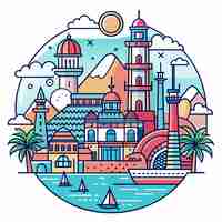 Vector tshirt sticker of a incorporate intricate line art depicting iconic landmarks of coastal destination