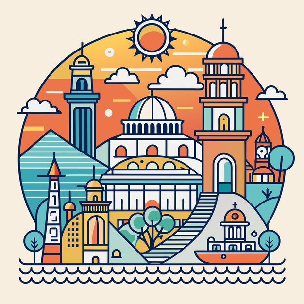 Vector tshirt sticker of a incorporate intricate line art depicting iconic landmarks of coastal destination