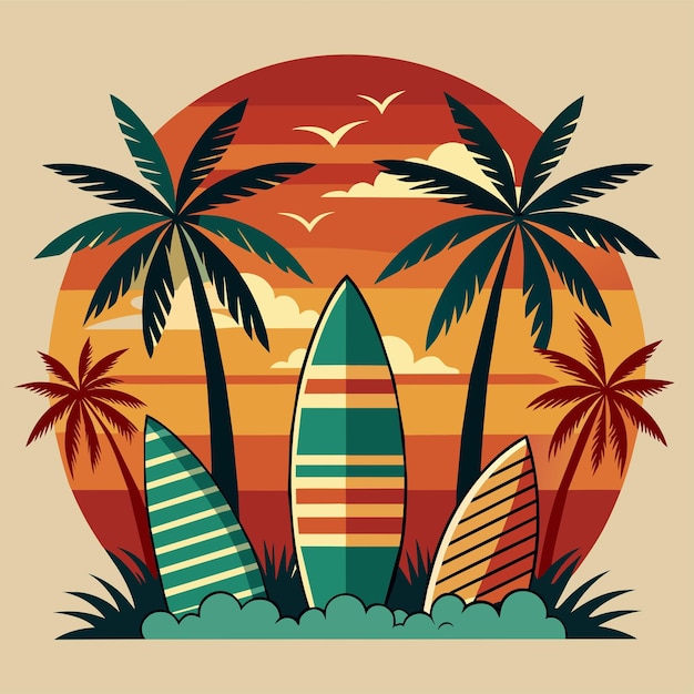 Tshirt Sticker of a retroinspired design featuring vintage surfboards and palm trees