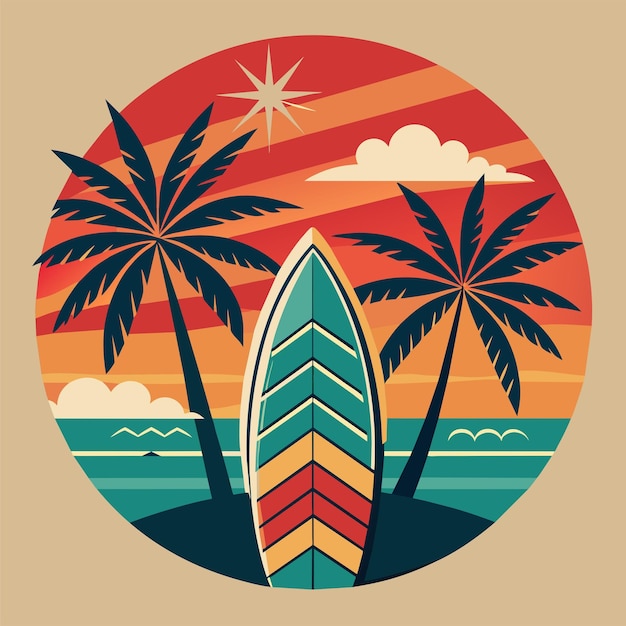 Tshirt Sticker of a retroinspired design featuring vintage surfboards and palm trees