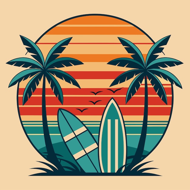 Tshirt Sticker of a retroinspired design featuring vintage surfboards and palm trees