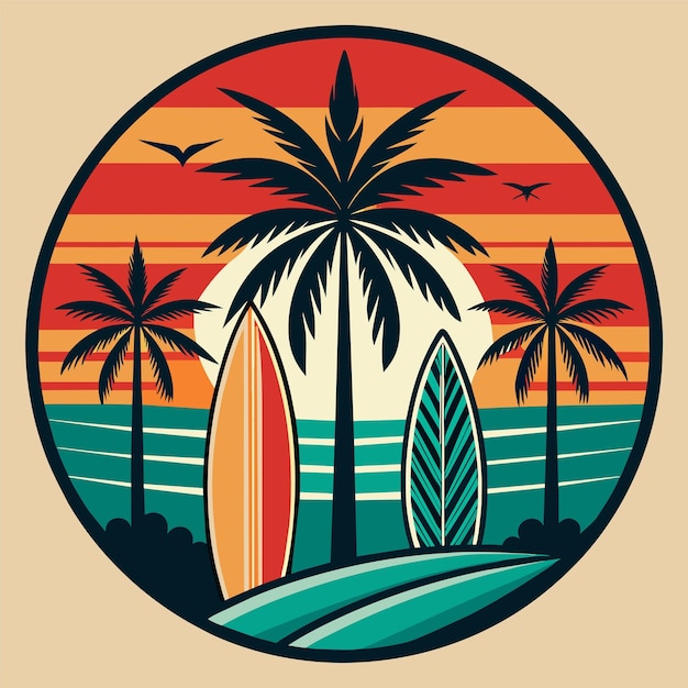 Tshirt Sticker of a retroinspired design featuring vintage surfboards and palm trees