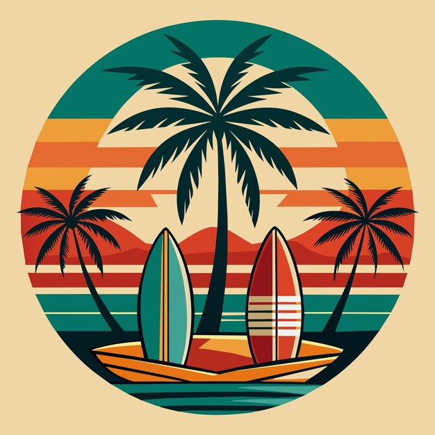 Tshirt Sticker of a retroinspired design featuring vintage surfboards and palm trees