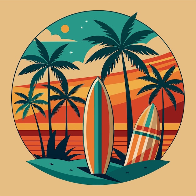 Tshirt Sticker of a retroinspired design featuring vintage surfboards and palm trees