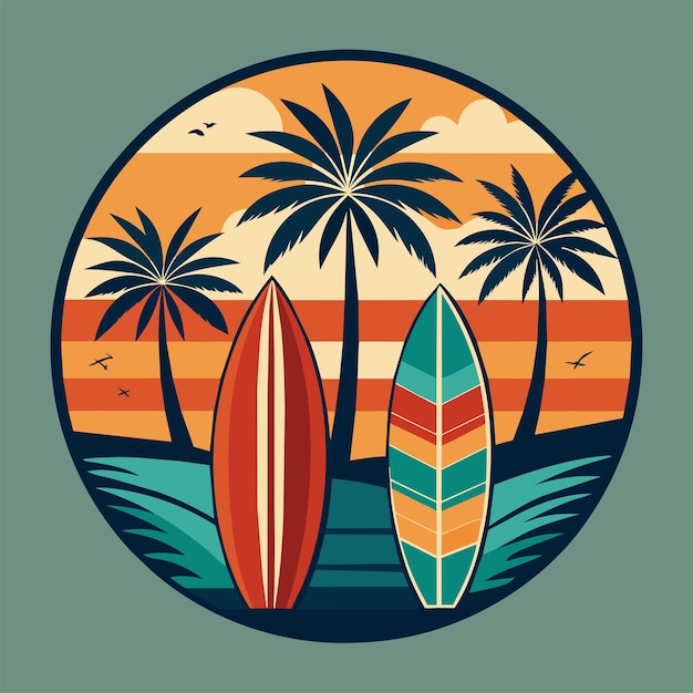 Tshirt Sticker of a retroinspired design featuring vintage surfboards and palm trees