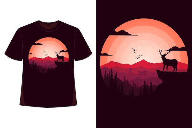 Tshirt tropical summer mountain deer pine nature vintage color flat illustration