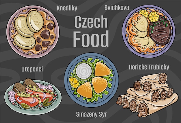 Tsjechisch eten Een set klassieke gerechten Cartoon hand getekende illustratie