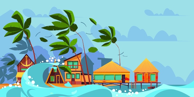 Vector tsunami background water distruction beach buildings weather disaster nature problems environment storm with rain risk for people big crisis garish vector danger tsunami picture