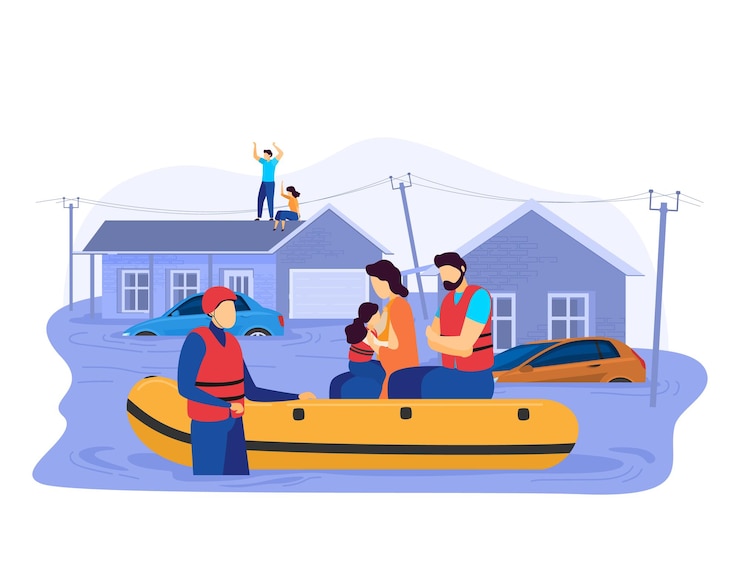 Vector tsunami consequences rescue male female character evacuation save inflatable boat people victim flood isolated on white cartoon vector illustration