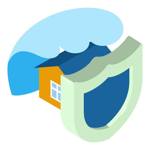 Tsunami icon isometric vector Big wave of tsunami over house behind shield icon Natural disaster seismic phenomenon