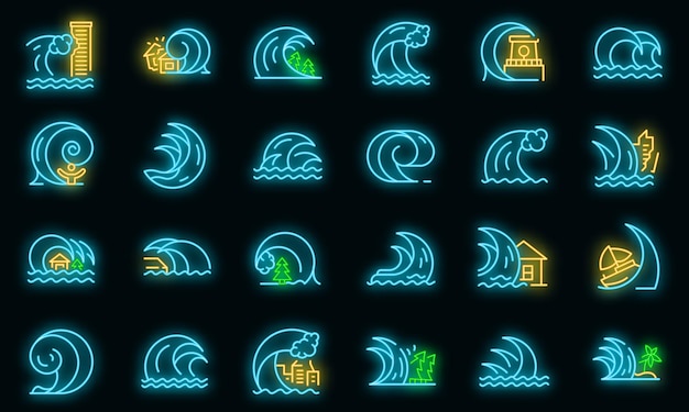 Tsunami pictogrammen instellen. Overzicht set van tsunami vector iconen neon kleur op zwart