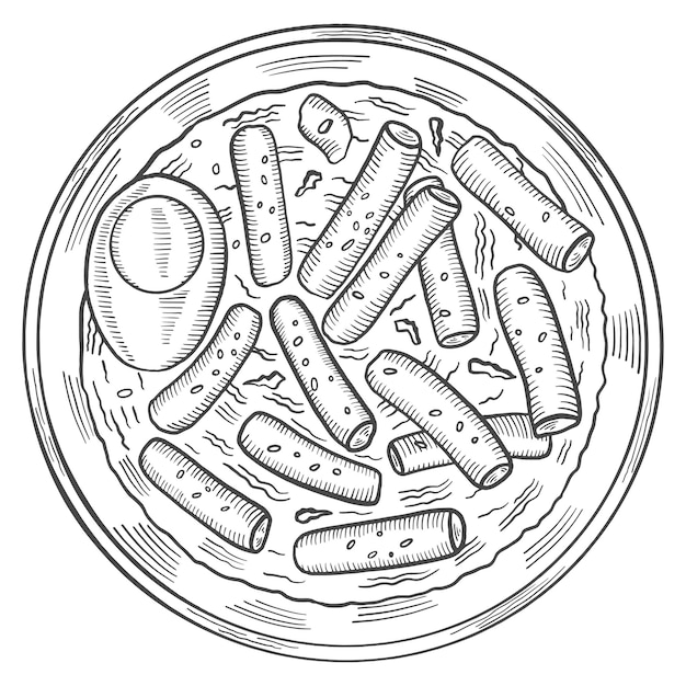 トッポッキ韓国または韓国料理伝統的な食べ物孤立した落書き手描きスケッチとアウトラインスタイル