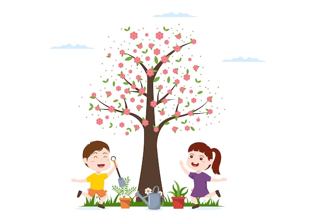 Vector tu bishvat template hand drawn illustration blooming tree with objects of seven species of fruits