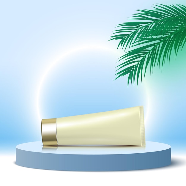 Tube of cream on round blue podium cosmetic products display platform with palm leaves pedestal