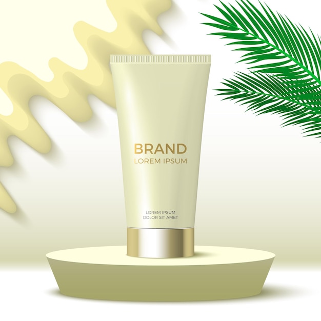 Tube crème op rond podium cosmetische producten display platform met palmbladeren 3d