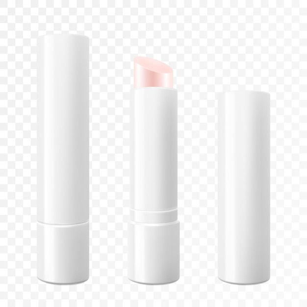 Vettore tubo di balsamo per labbra stick set di imballaggio per rossetto igienico isolato mockup vettoriale modello di contenitore aperto e chiuso per grafica concetto di trucco cosmetico illustrazione vettoriale 3d realistica