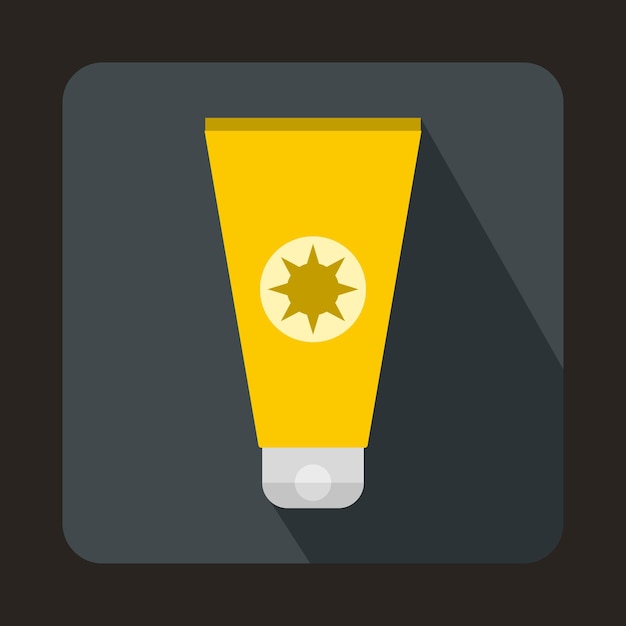 Tube with sunbathing cream icon in flat style on a gray background