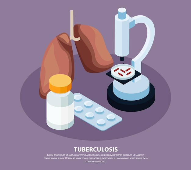 Tuberculose preventie isometrische concept met longen en bacteriën symbolen vector illustratie