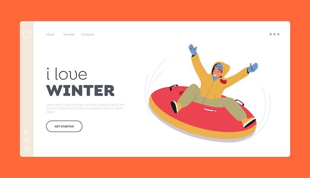 Tubing Winter Holidays Extreme Landing Page Template Happy Girl Sliding on Snow Tube Active Female Character Fun